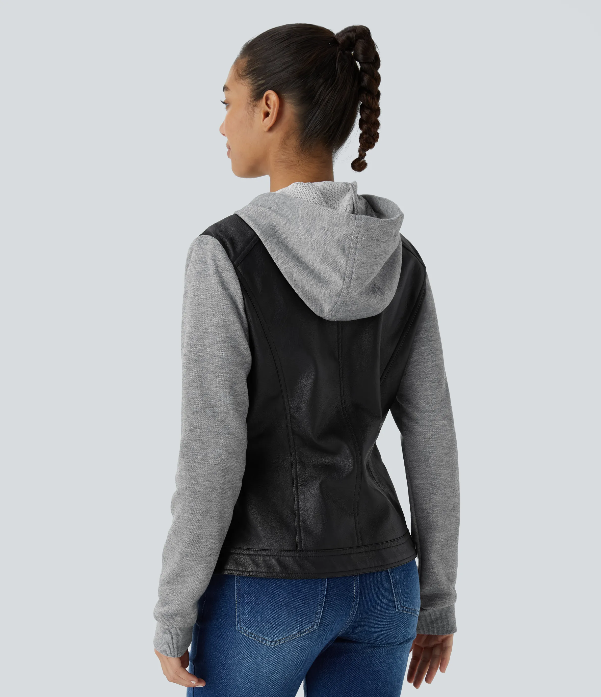 Halara Chaqueta piel sintética capucha cordón ajustable bolsillo lateral cremallera contrastante - Black - S sold by Halara product image thumbnail 3