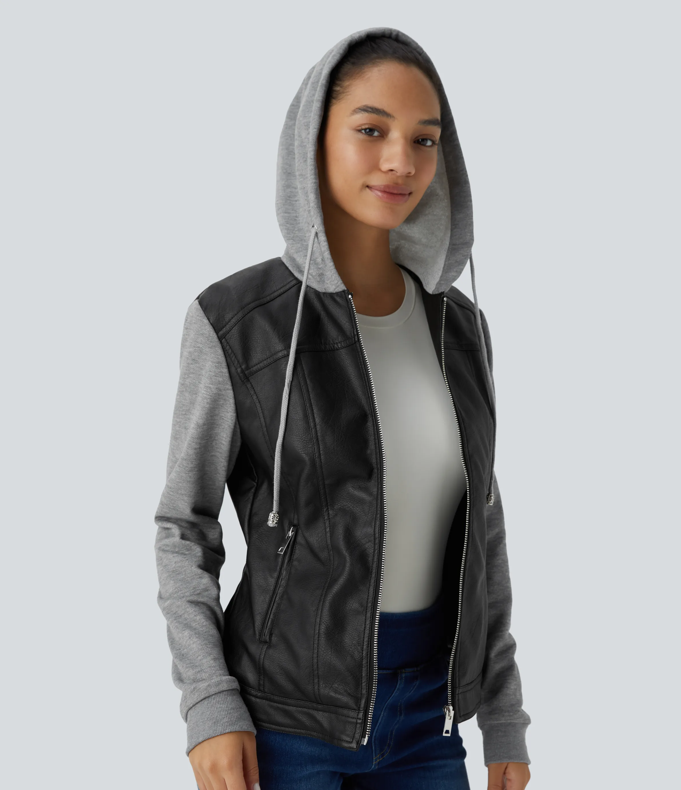 Halara Chaqueta piel sintética capucha cordón ajustable bolsillo lateral cremallera contrastante - Black - S sold by Halara product image thumbnail 5