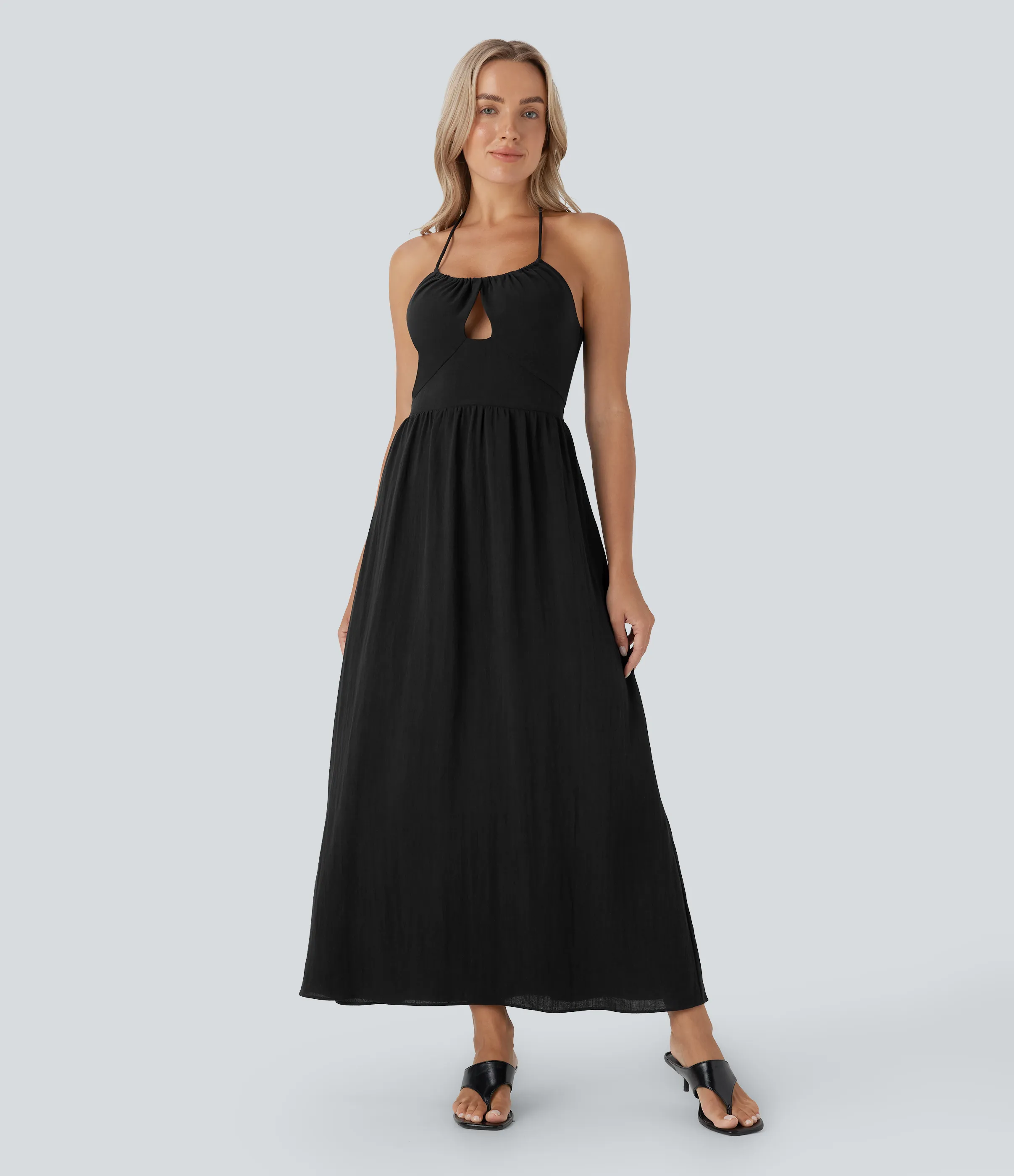 Halara Vestido largo casual de lino con cuello halter, fruncido con espalda abierta y cierre invisible - Black - XL sold by Halara product image thumbnail 3