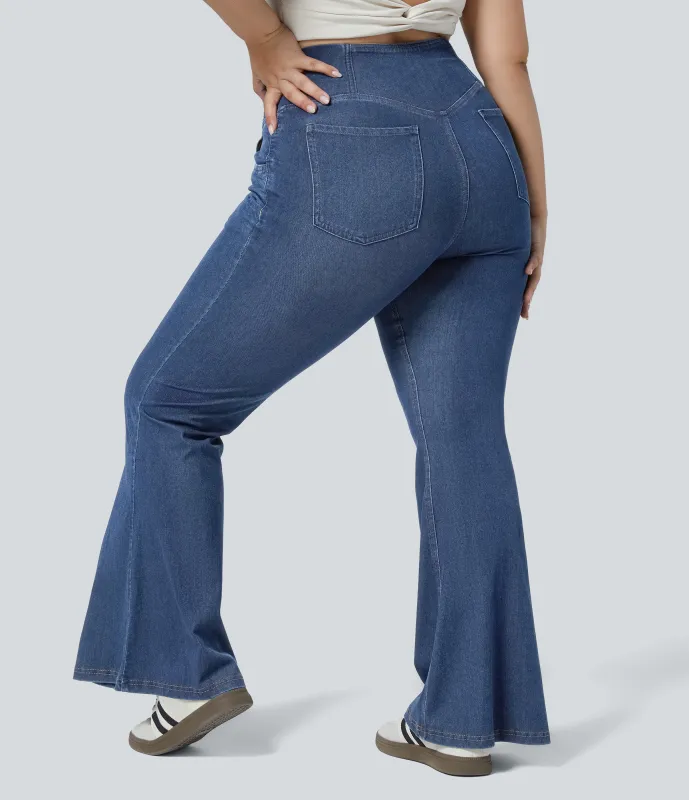 Halara Jeans Halara Flex™ Denim súper acampanado tiro alto bolsillo cruzado tacto fresco tejido elástico lavado transpirable talla grande - True Navy - 2X sold by Halara