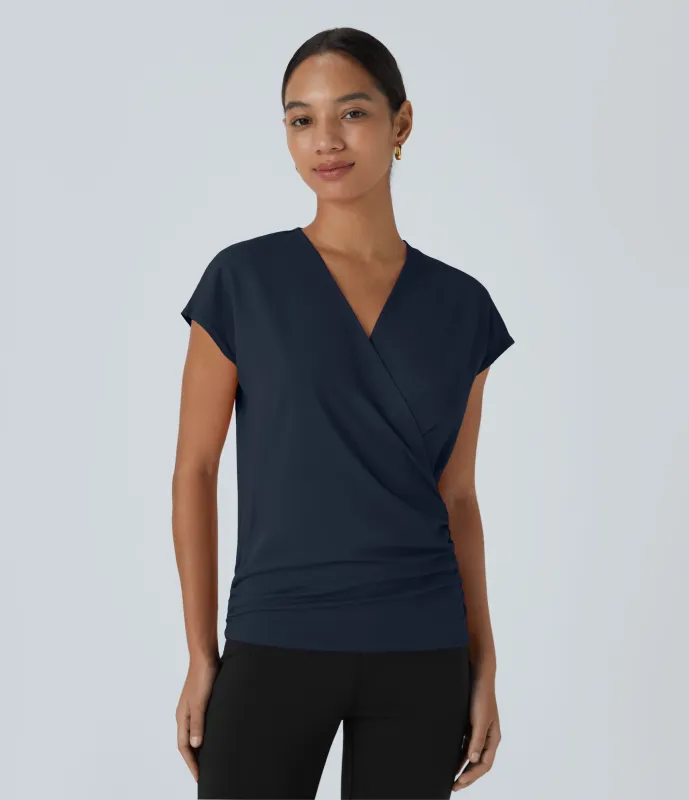 Halara Blusa oficina sólida pliegue cruzado manga japonesa cuello V - Dark Sapphire - L sold by Halara