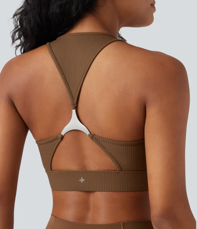 Halara Sujetador deportivo de yoga de punto acanalado con soporte ligero, escote en U y espalda cut-out - Bison - XL sold by Halara