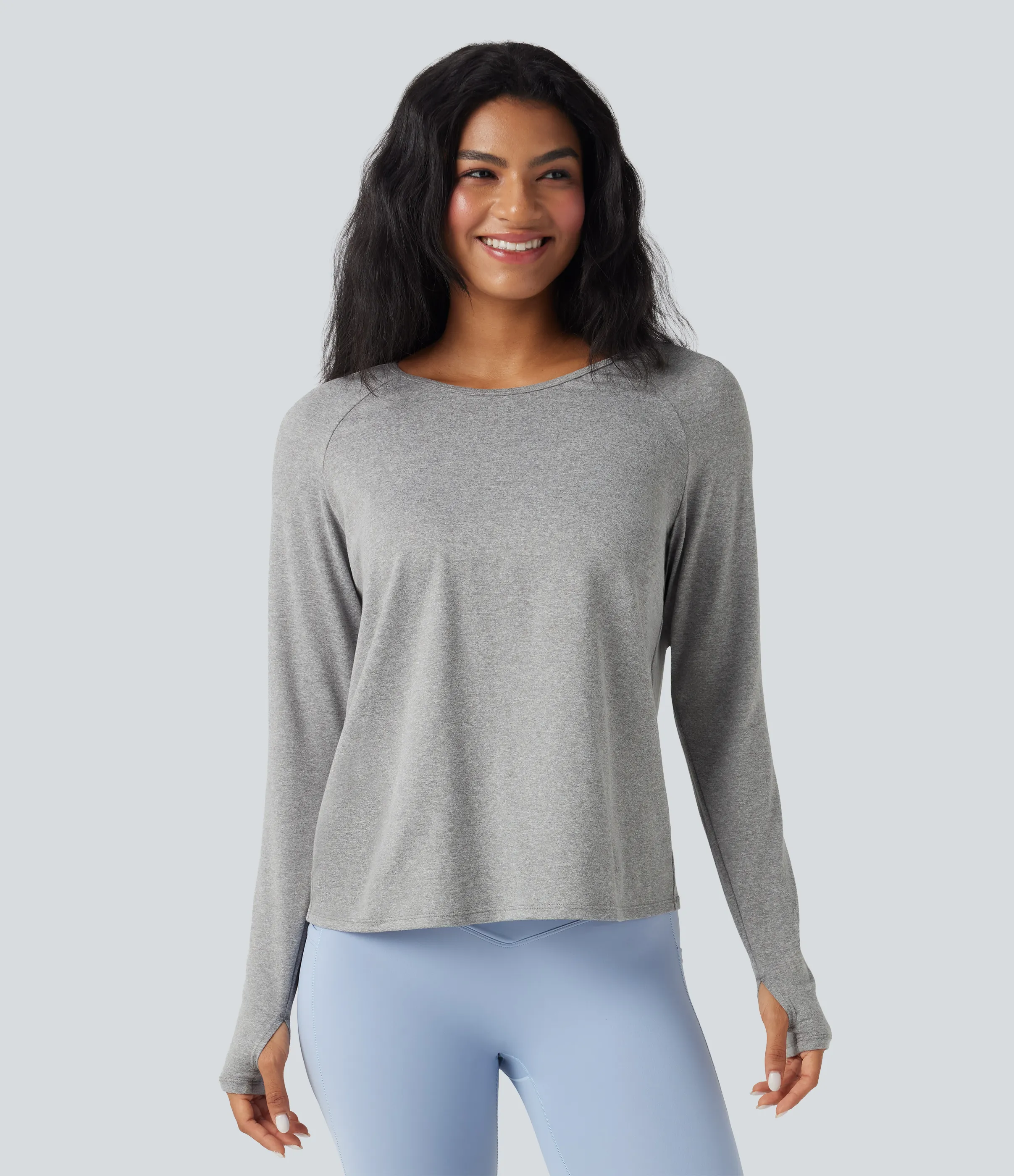 Halara Top deportivo de yoga con abertura para el pulgar y manga larga con espalda descubierta - Fog Gray - XS sold by Halara product image thumbnail 3