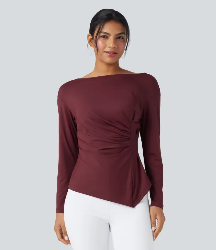 Halara Blusa de oficina ajustada de manga larga con cuello barco y dobladillo asimétrico fruncido - Chocolate Truffle - XL sold by Halara