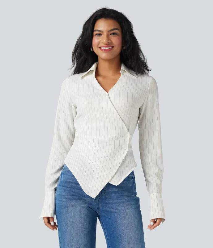 Halara Camisa de oficina de manga larga cruzada con cordones y rayas - Ivory Mist - XL sold by Halara