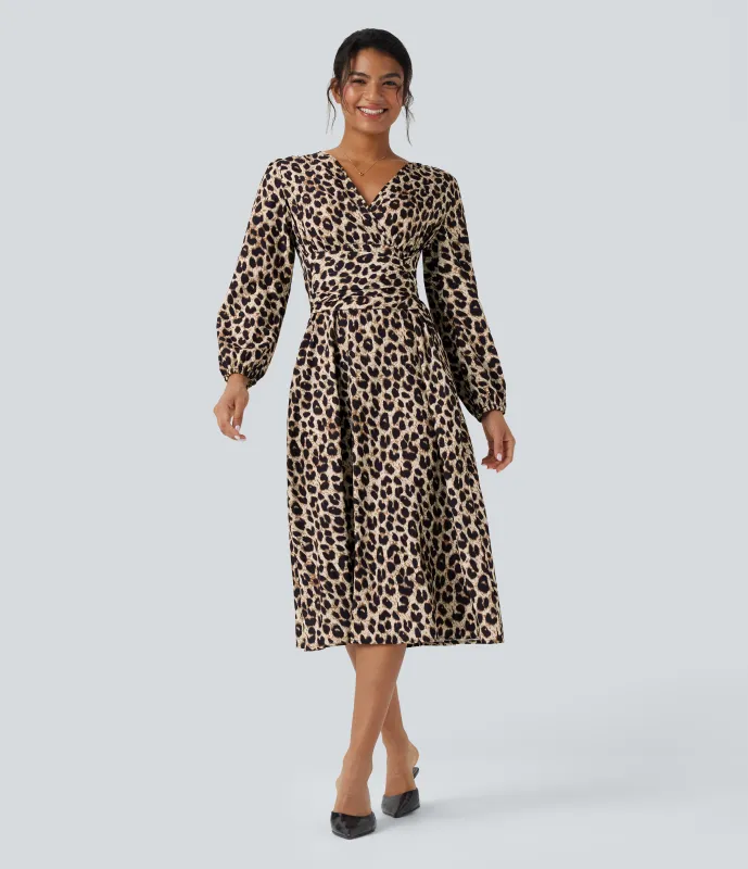 Halara Vestido casual midi con cuello en V de manga larga con lazo en la espalda y estampado de leopardo con bolsillos - Gold Leopard Print - S sold by Halara