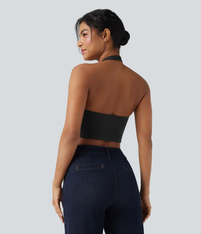 Halara Top corto casual de punto acanalado con cuello halter y hebilla ajustable - Black - XL sold by Halara