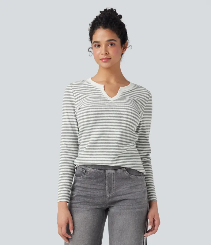 Halara Top casual de rayas de manga larga con solapas - Gray White Horizontal Stripe - S sold by Halara