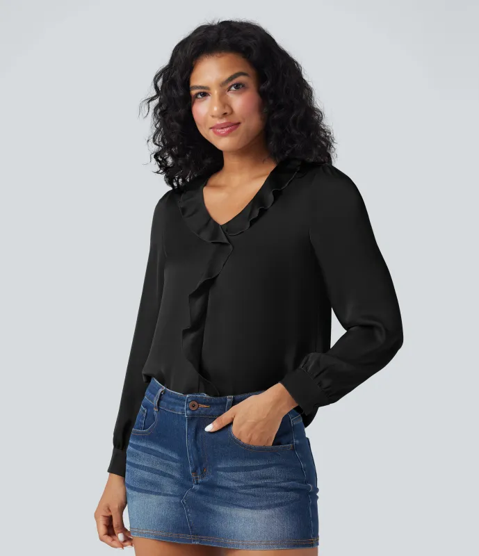 Halara Camisa casual de satén con cuello en V y manga larga con ribete de volantes - Black - XS sold by Halara