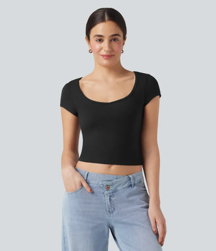 Halara Camiseta casual corta de manga corta con cuello en V - Black - L sold by Halara