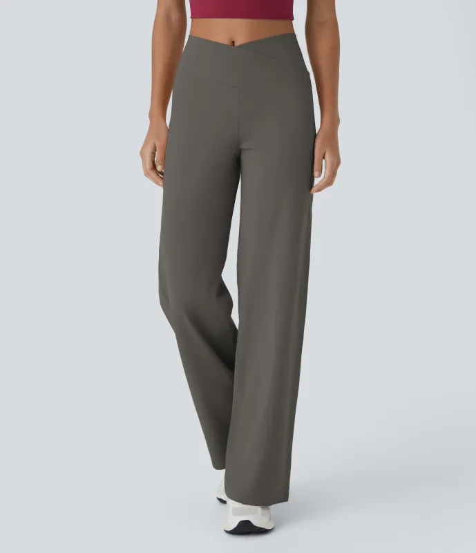 Halara Pantalón ancho de tiro alto con cintura cruzada y bolsillo invisible - Deep Red Grey - L sold by Halara