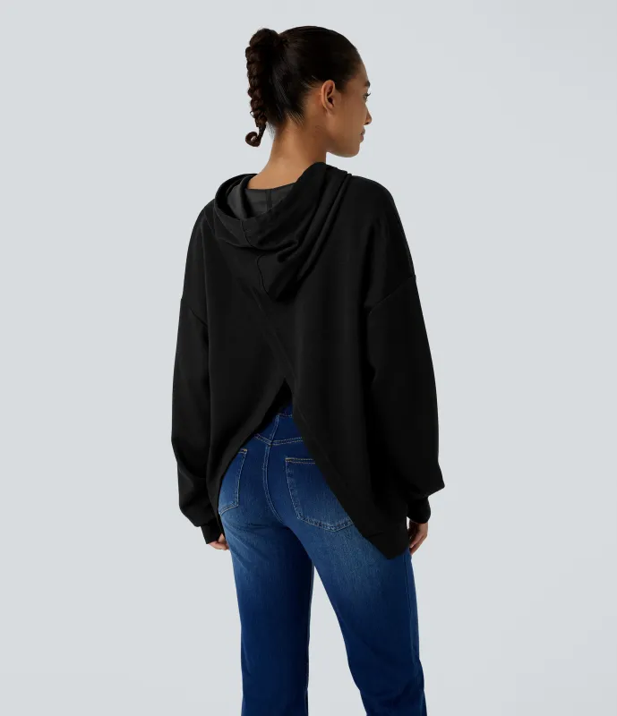 Halara Sudadera capucha cordón ajustable manga larga bolsillo canguro abertura cruzada - Black - S sold by Halara