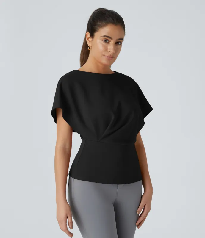 Halara Blusa oficina pliegue manga corta - Black - XL sold by Halara