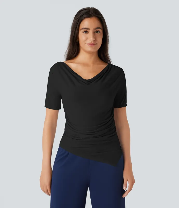 Halara Blusa oficina cuello vuelto manga corta dobladillo fruncido asimétrico - Black - XL sold by Halara