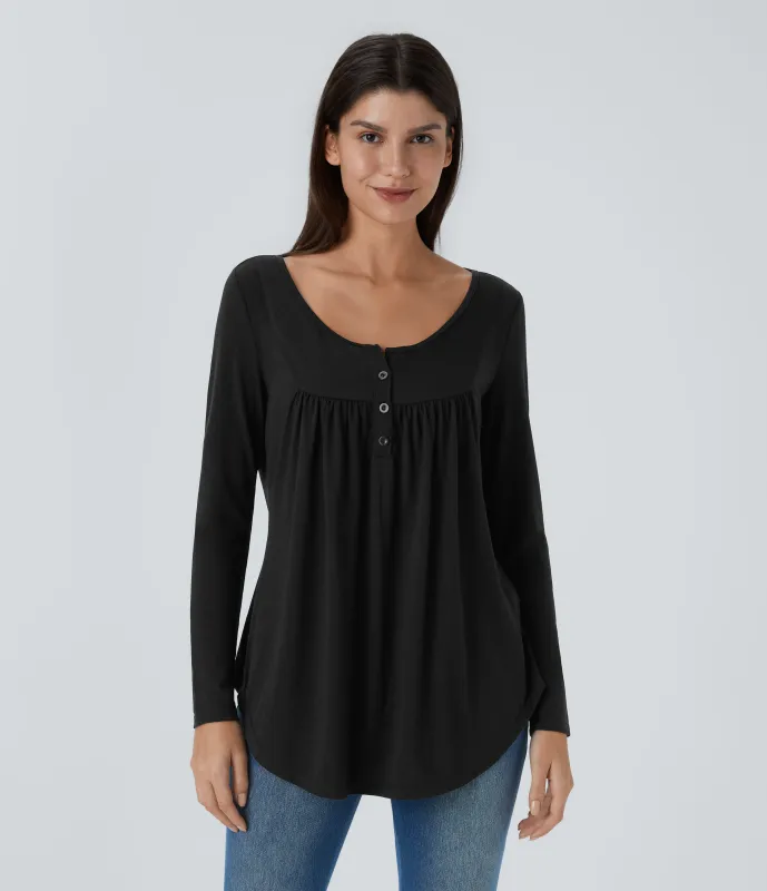 Halara Blusa cuello redondo botón manga larga plisada dobladillo curvo - Black - XS sold by Halara