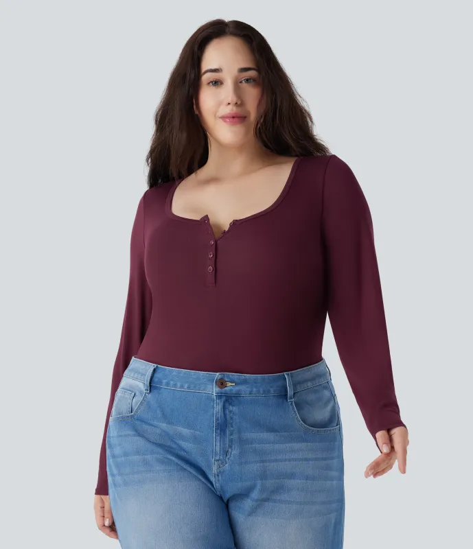 Halara Top manga larga cuello Henley acanalado talla grande - Maroon Banner - 3X sold by Halara