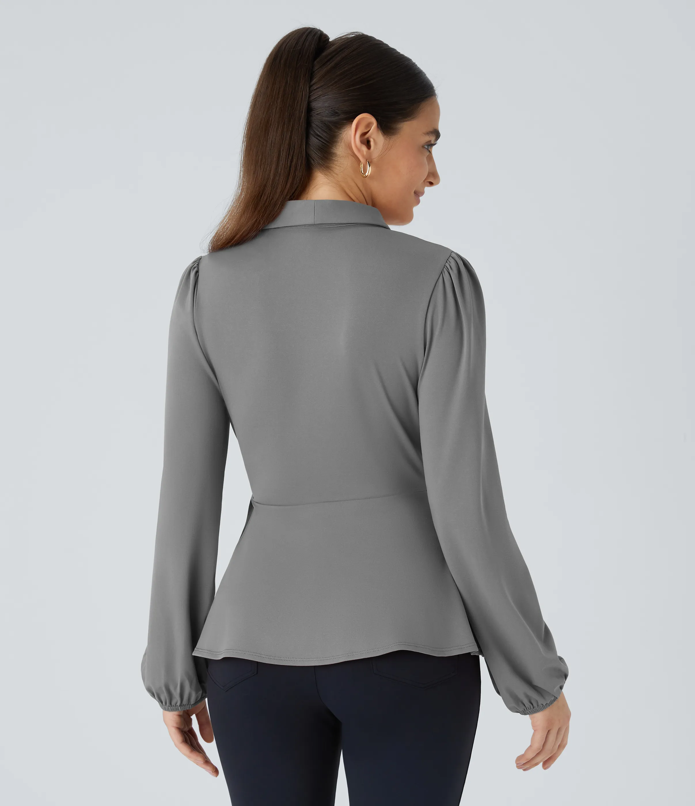 Halara Blusa oficina cuello chal lazo lateral cruzado dobladillo volante - Ultimate Gray - L sold by Halara product image thumbnail 3