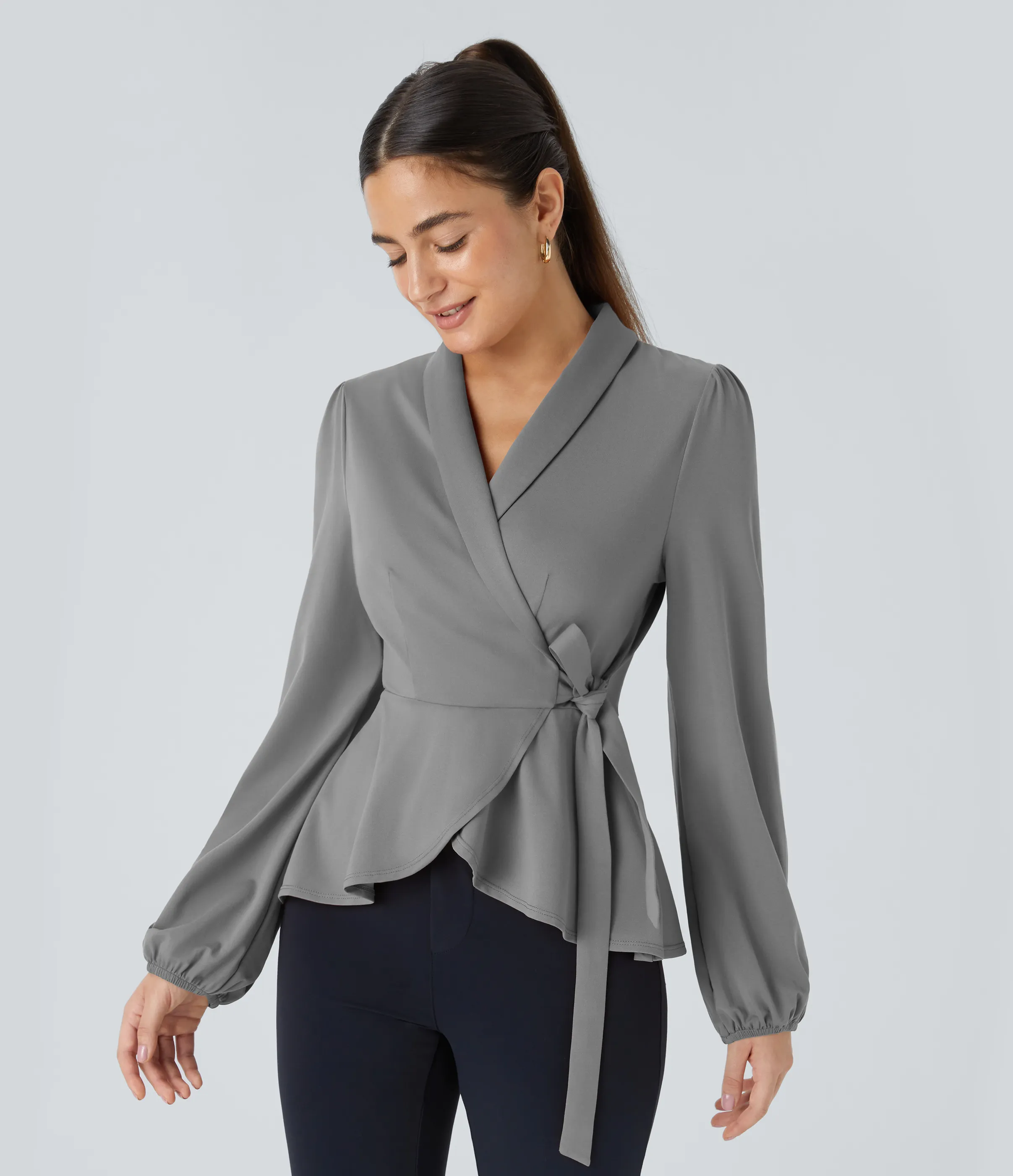 Halara Blusa oficina cuello chal lazo lateral cruzado dobladillo volante - Ultimate Gray - L sold by Halara product image thumbnail 4