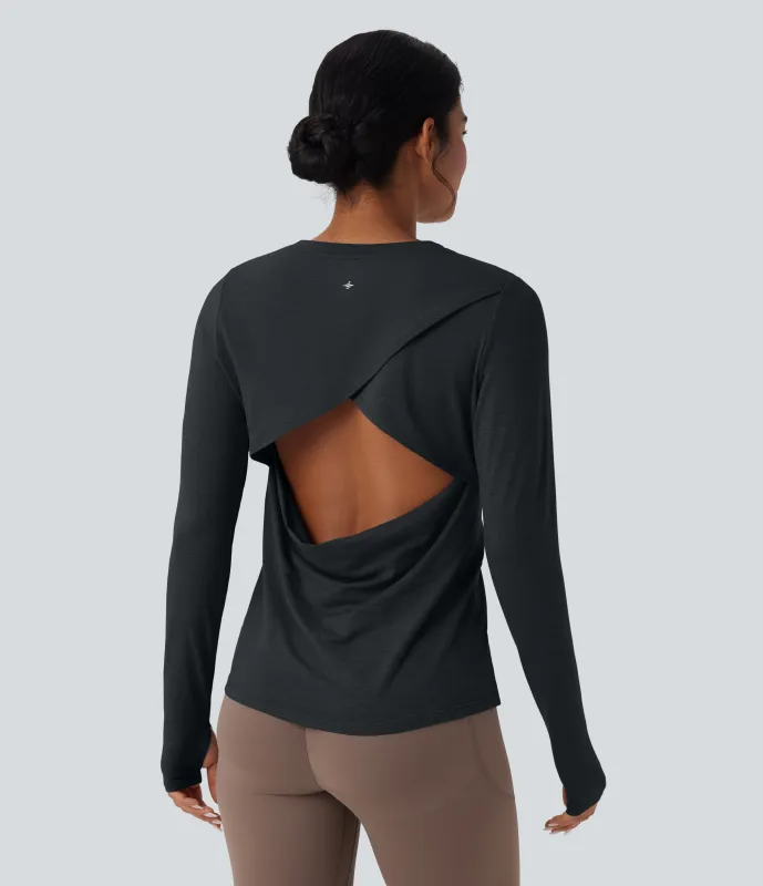 Halara Top deportivo de yoga de manga larga con espalda descubierta y abertura para el pulgar - Mottled Hemp Black - L sold by Halara