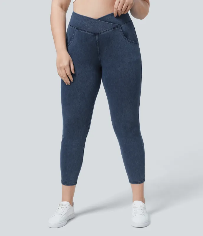Halara Leggings Halara Flex™ Denim oficina cruzado elástico tiro alto bolsillo talla grande - Washed Denim Bleached Blue - 3X(7/8) sold by Halara