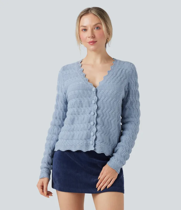 Halara Cárdigan casual de punto de manga larga con cuello en V - Light Grey Blue - M sold by Halara