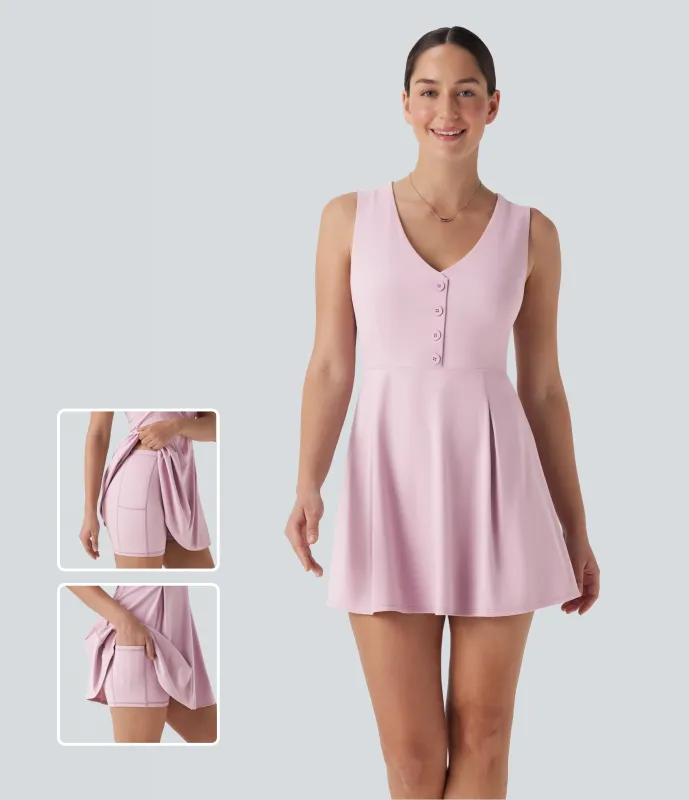 Halara Vestido mini casual de dos piezas con cuello en V sin mangas con botones decorativos y bolsillo - Putty Pink - XL sold by Halara