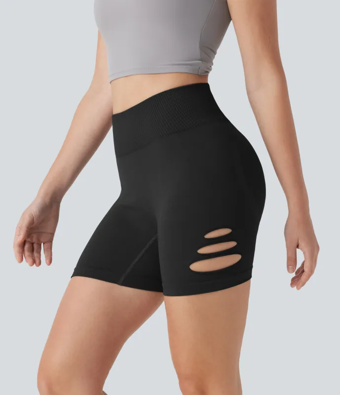 Halara Shorts de yoga de tiro alto sin costuras con cortes de 10 cm - Black - L sold by Halara