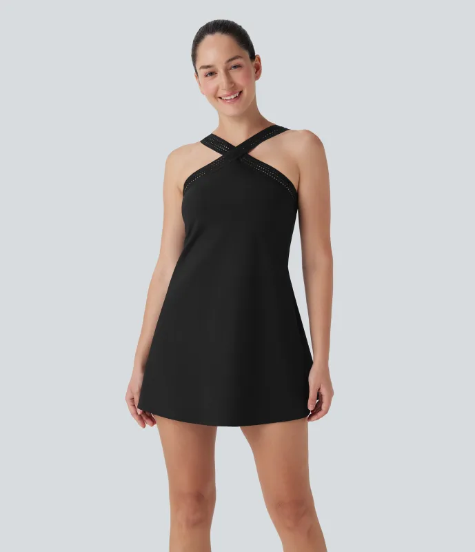 Halara Vestido corto de yoga 2 en 1 Softlyzero™ Airy con escote halter, espalda descubierta, tacto fresco con bolsillos laterales - Edición Easy Peezy UPF 50+ - Black - L sold by Halara