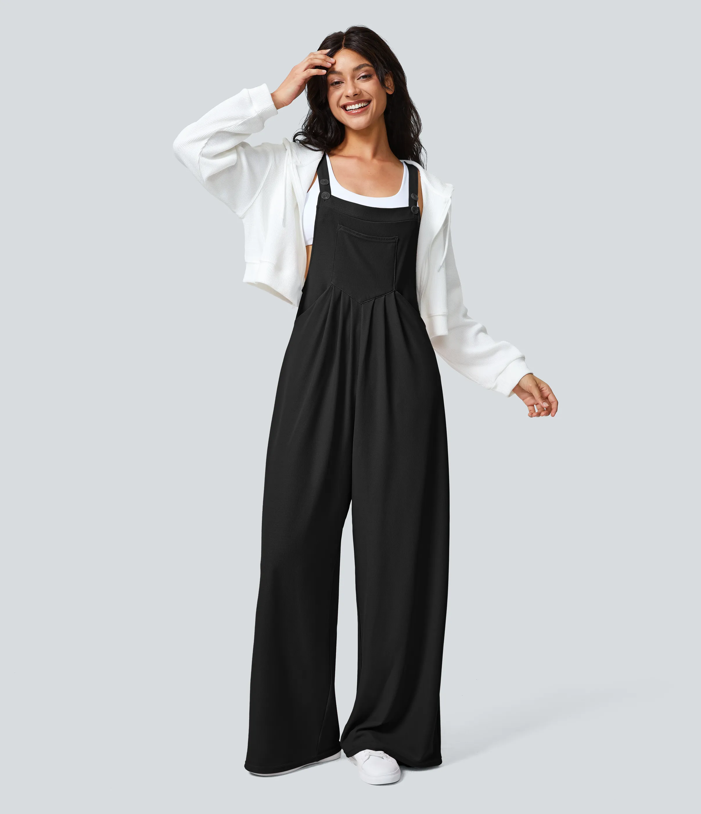 Halara Overol botón correa ajustable bolsillo múltiple gofre plisado - Black - XL(tall) sold by Halara