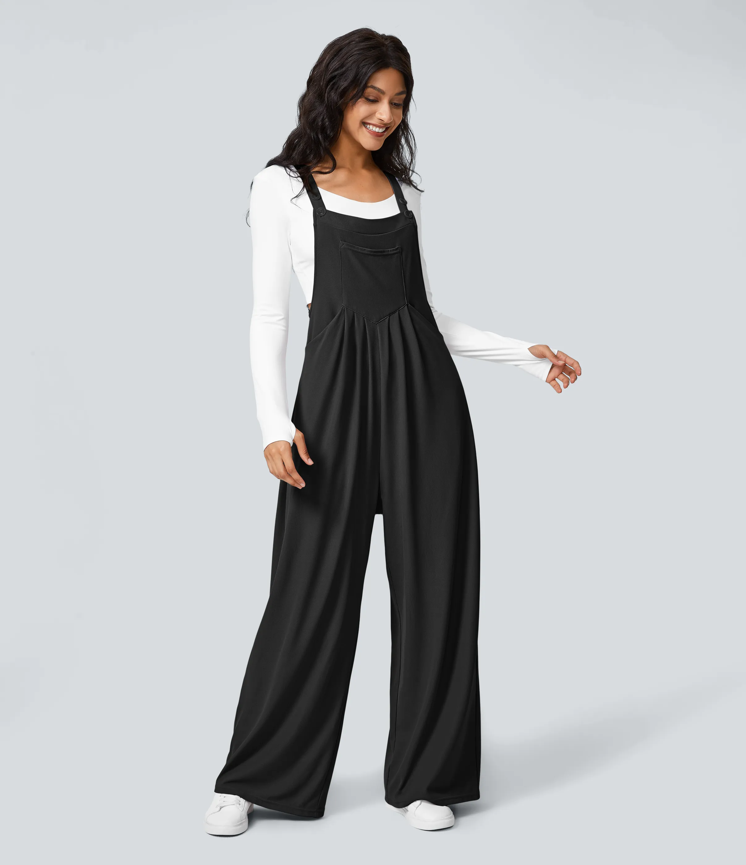 Halara Overol botón correa ajustable bolsillo múltiple gofre plisado - Black - XL(tall) sold by Halara product image thumbnail 3