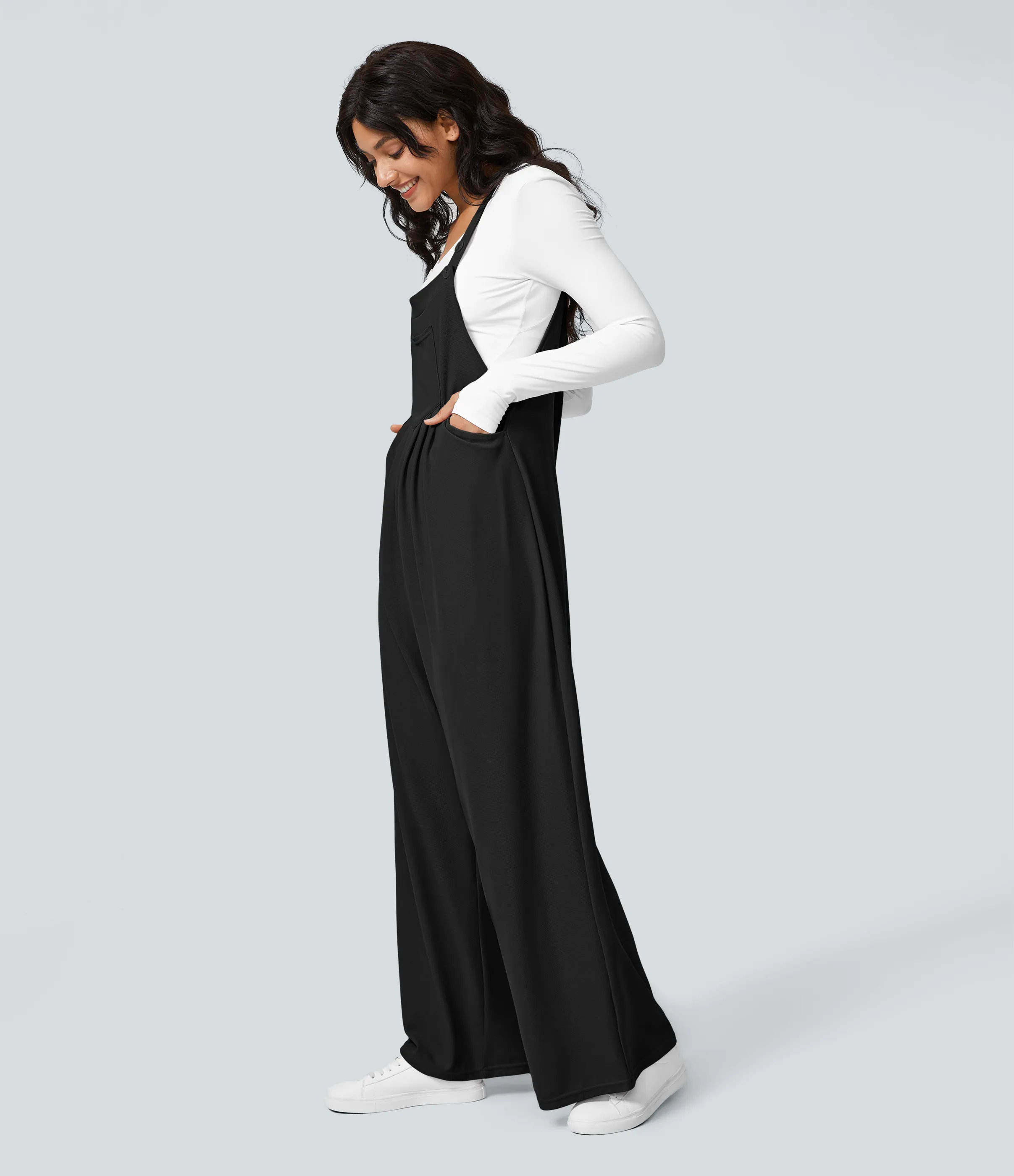 Halara Overol botón correa ajustable bolsillo múltiple gofre plisado - Black - XL(tall) sold by Halara product image thumbnail 5