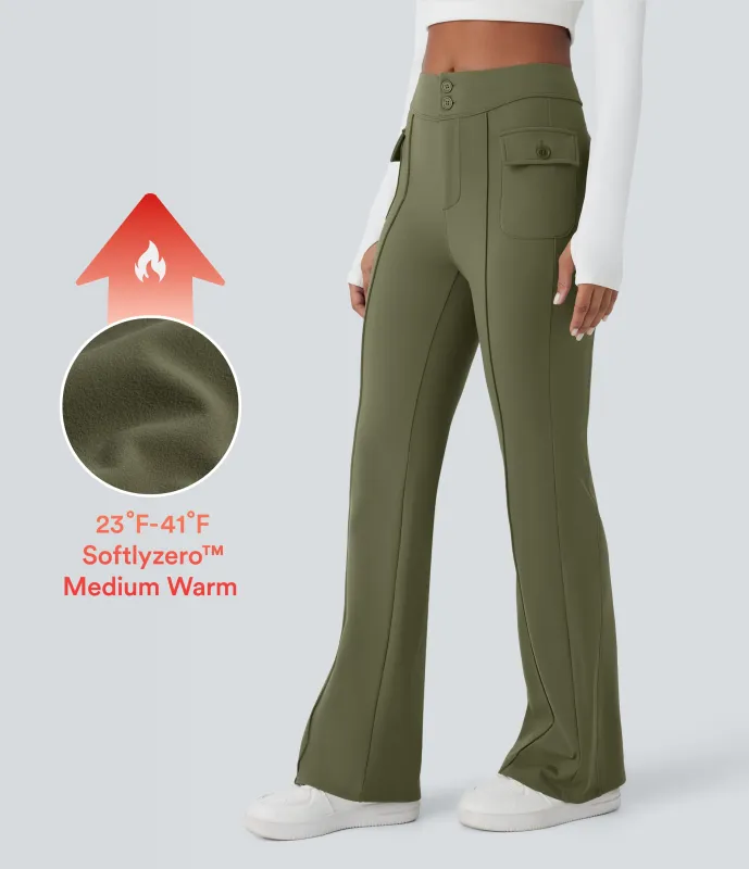 Halara Pantalón Softlyzero™ cargo acampanado bolsillo lateral solapa tiro alto térmico - Grass Grey Green - S(regular) sold by Halara