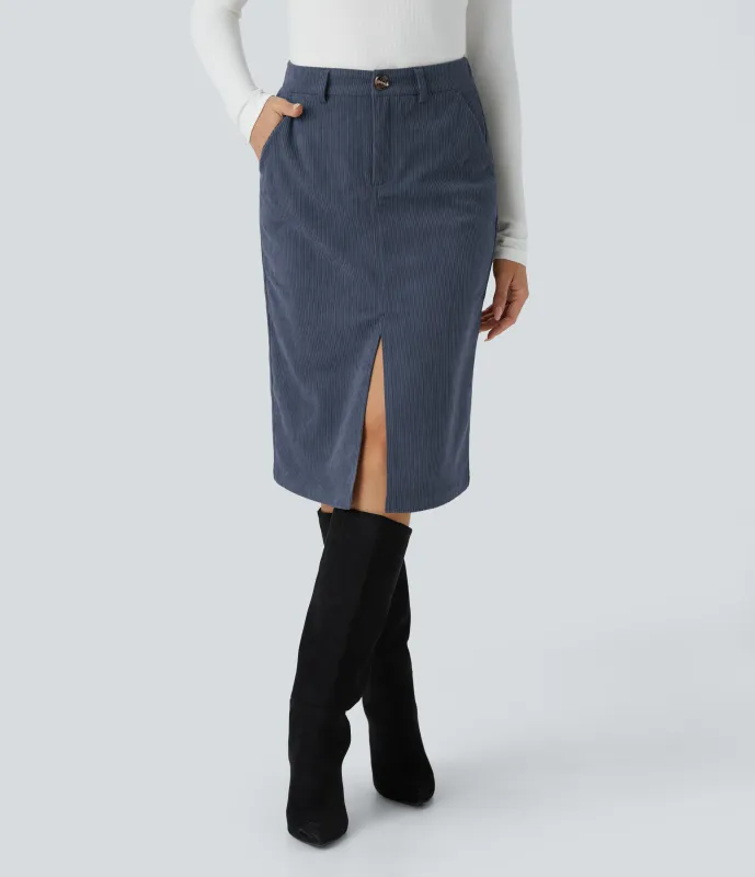 Halara Falda oficina pana midi dividida tiro alto botón cremallera múltiple bolsillo - Foggy Blue - XS(regular) sold by Halara