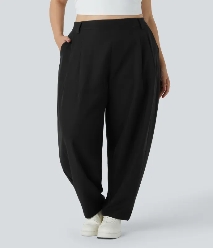 Halara Pantalón oficina tiro medio bolsillo lateral plisado pierna ancha talla grande - Black - 1X(regular) made by Halara