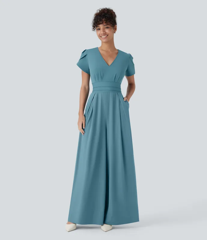 Halara Mono Breezeful™ oficina fluido secado rápido pierna ancha bolsillo lateral cremallera invisible mangas pétalo cuello V - Stone Blue - L(regular) made by Halara