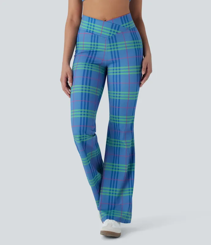 Halara Leggings de yoga acampanados de tiro alto con diseño a cuadros y tacto fresco con bolsillo - Sky Blue Greengage Red Plaid - L(regular) sold by Halara
