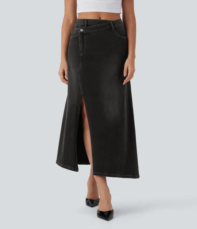 Halara Falda maxi Halara Flex™ Denim mezclilla elástica tiro medio asimétrico aberturas múltiple bolsillo - Phantom Denim - M(regular) sold by Halara