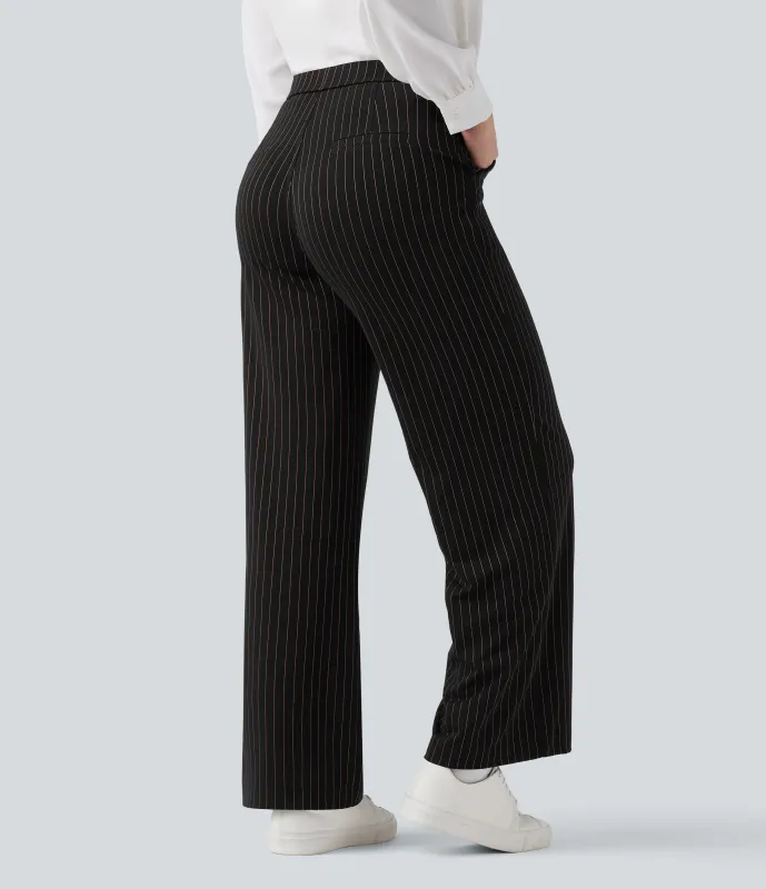 Halara Pantalones de oficina rectos de tiro alto con rayas y tacto fresco con bolsillos - Black Brown Black Pinstripe - XL(regular) sold by Halara
