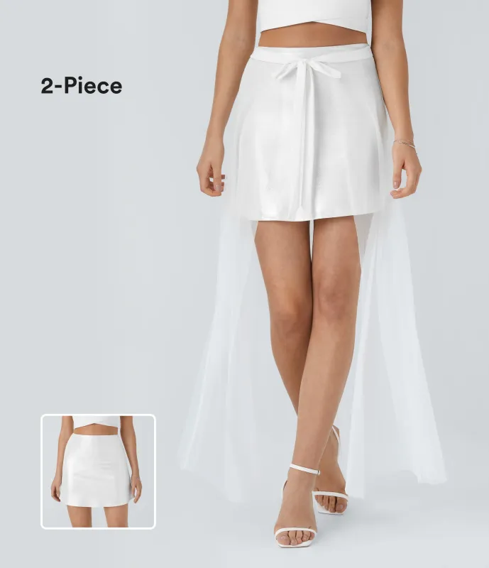 Halara Minifalda fiesta Softlyzero™ Faux elástica 2 piezas estampado metálico metalizado tiro alto malla piel sintética - Bright Skin Floating White - L(regular) made by Halara