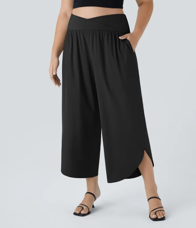 Halara Pantalón Breezeful™ talla grande tiro alto cruzado plisado bolsillo lateral dividido secado rápido - Black - 1X(regular) made by Halara