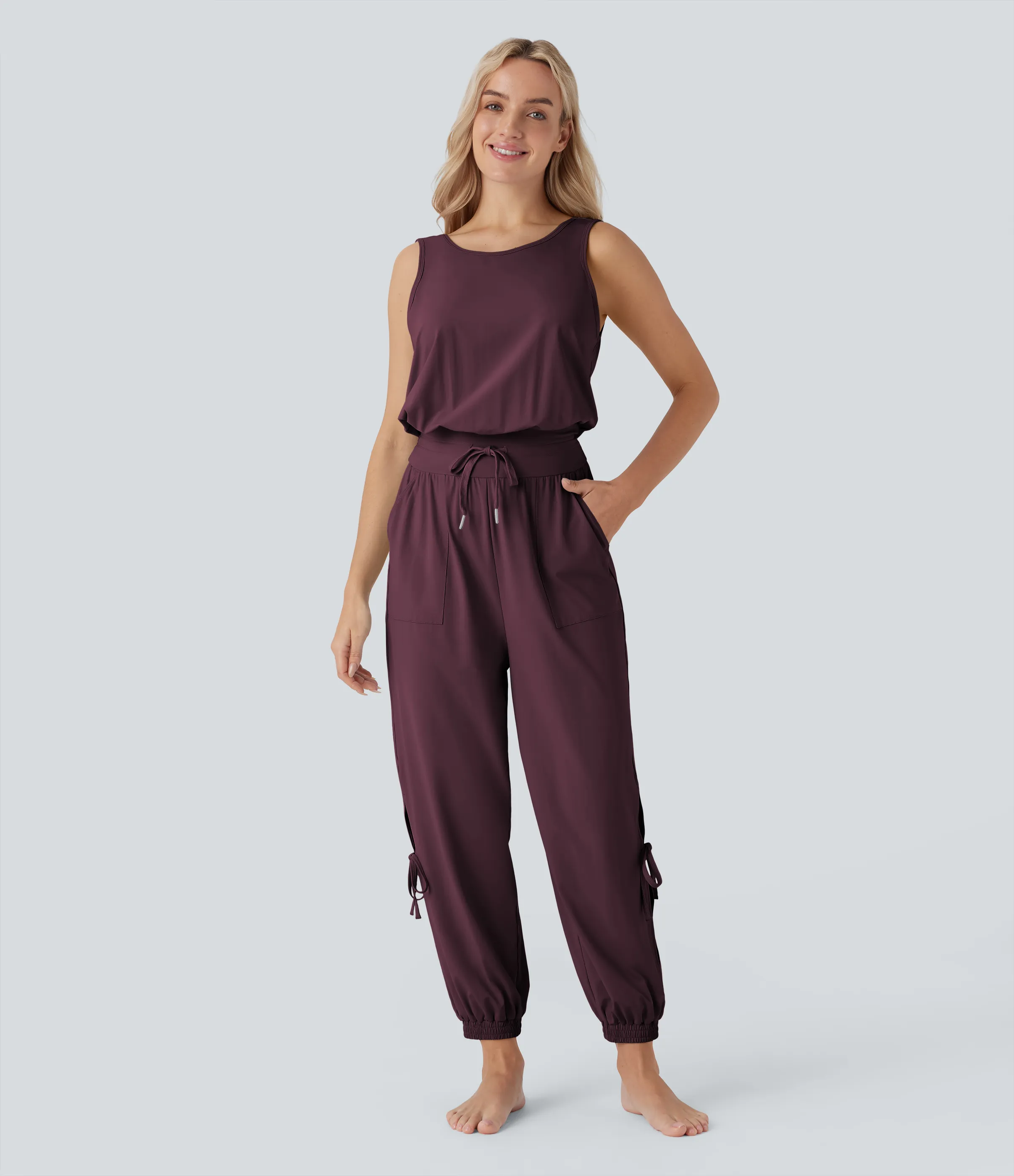 Halara Jumpsuit de yoga sin mangas con espalda descubierta, cordón ajustable y bolsillos laterales de tacto fresco - UPF50+ - Fig - XS(regular) sold by Halara product image thumbnail 3