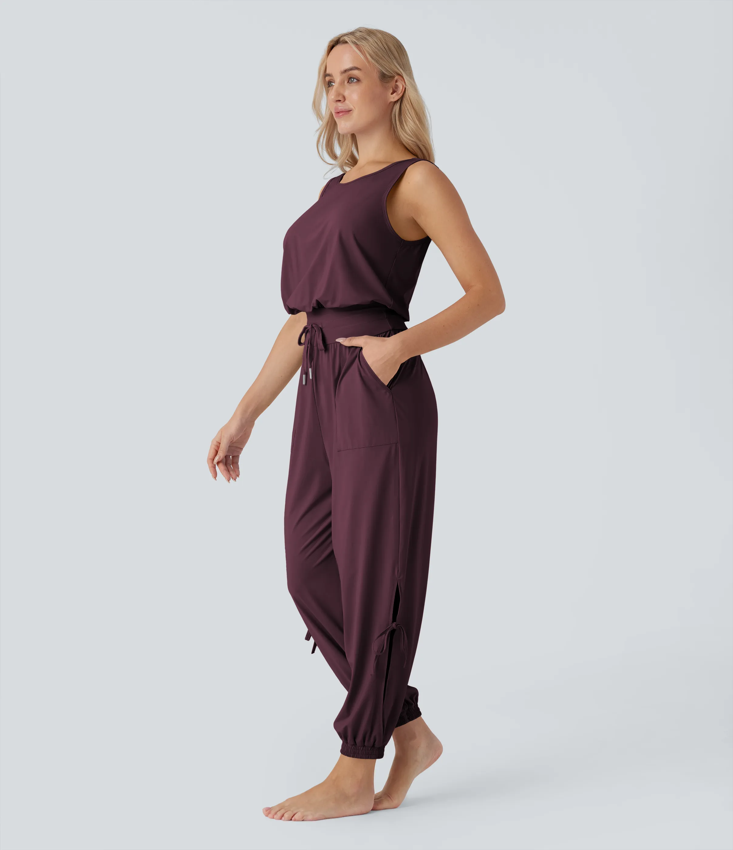 Halara Jumpsuit de yoga sin mangas con espalda descubierta, cordón ajustable y bolsillos laterales de tacto fresco - UPF50+ - Fig - XS(regular) sold by Halara product image thumbnail 4