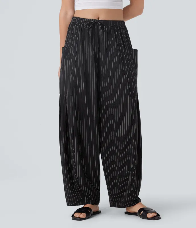 Halara Pantalón tacto fresco resort tiro medio bolsillo lateral cordón pierna ancha gran tamaño raya - Black White Pinstripe - S(regular) sold by Halara
