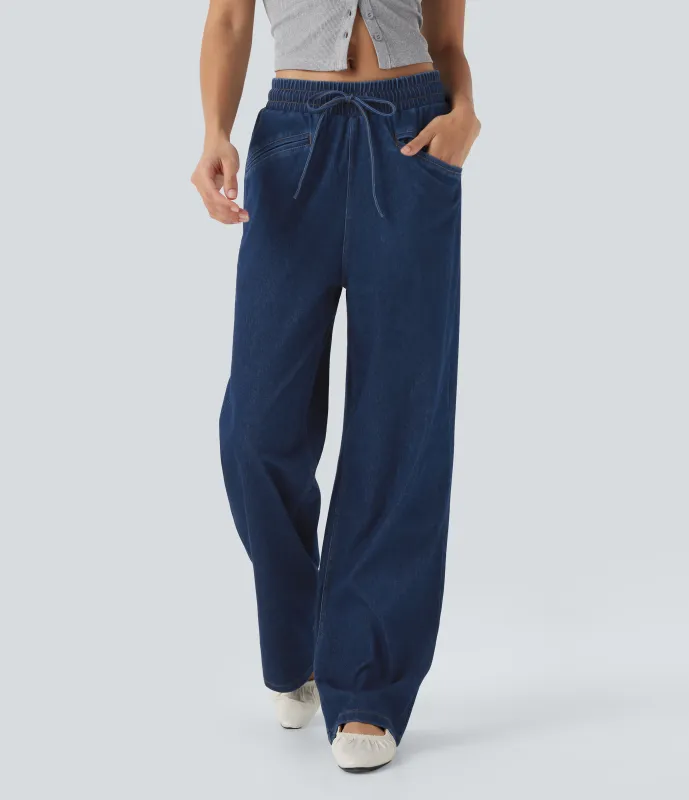 Halara Jeans Halara Flex™ Denim vaquero elástico tacto fresco tiro alto cordón ajustable pierna ancha bolsillo - Pageant Blue Denim - S(regular) sold by Halara