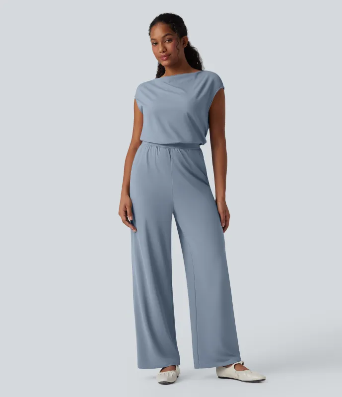 Halara Jumpsuit casual recto SoftlyZero™ de manga corta y tacto fresco con cuello vuelto y bolsillos - Snowflake Blue - XS(regular) sold by Halara