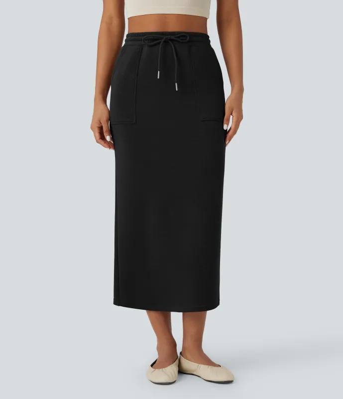 Halara Falda casual midi de tiro alto con cordón y bolsillos - Black - XS(regular) sold by Halara