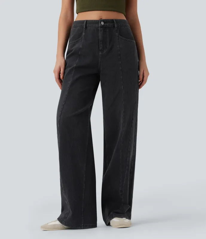 Halara Vaqueros casuales anchos Halara Flex™ de tiro medio con bolsillos - Phantom Denim - M(regular) sold by Halara