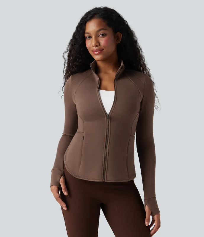 Halara Chamarra deportiva de manga larga de reglán con cuello alto y aberturas para los pulgares - Cocoa Brown - S sold by Halara