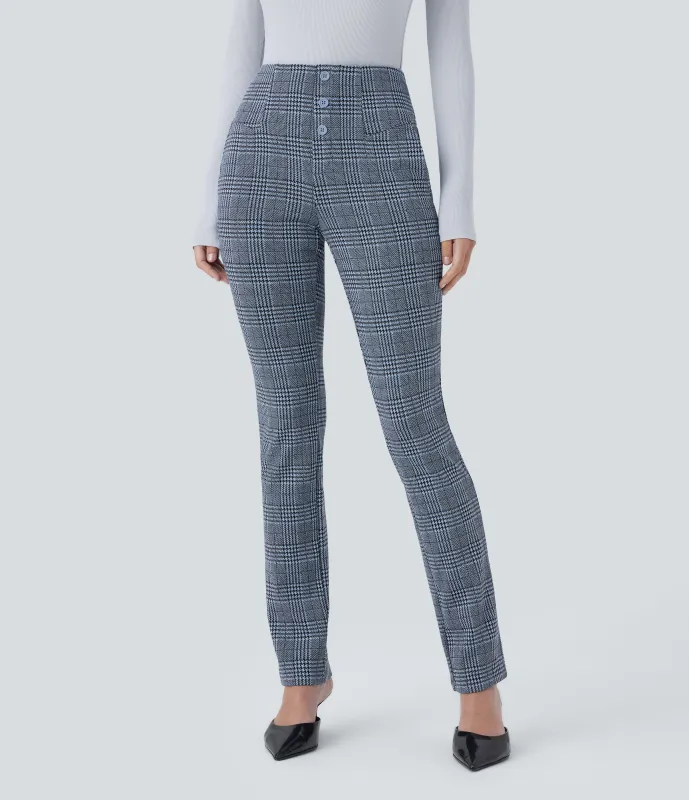 Halara Pantalón Halara Flex™ oficina ajustado pata gallo bolsillo lateral botón decorativo tiro alto - Grey Houndstooth Plaid - L(regular) made by Halara