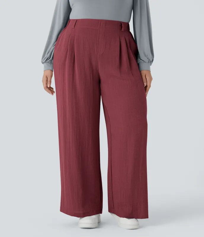 Halara Pantalón tiro alto bolsillo lateral plisado pierna ancha fluido tacto lino talla grande - Biking Red - 1X(regular) sold by Halara